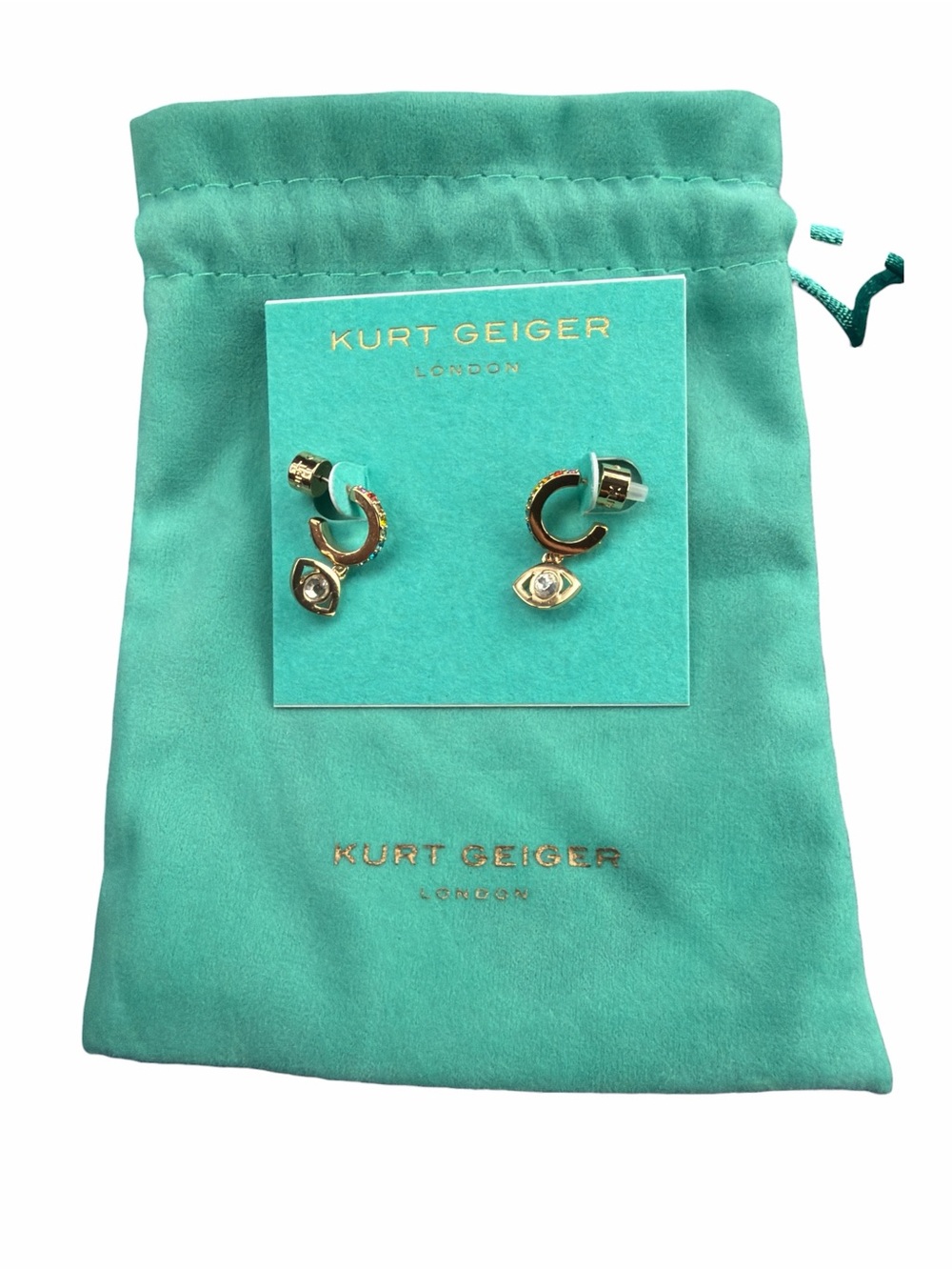 NWT Kurt Geiger London Rainbow Crystal Evil Eye Huggie Earrings